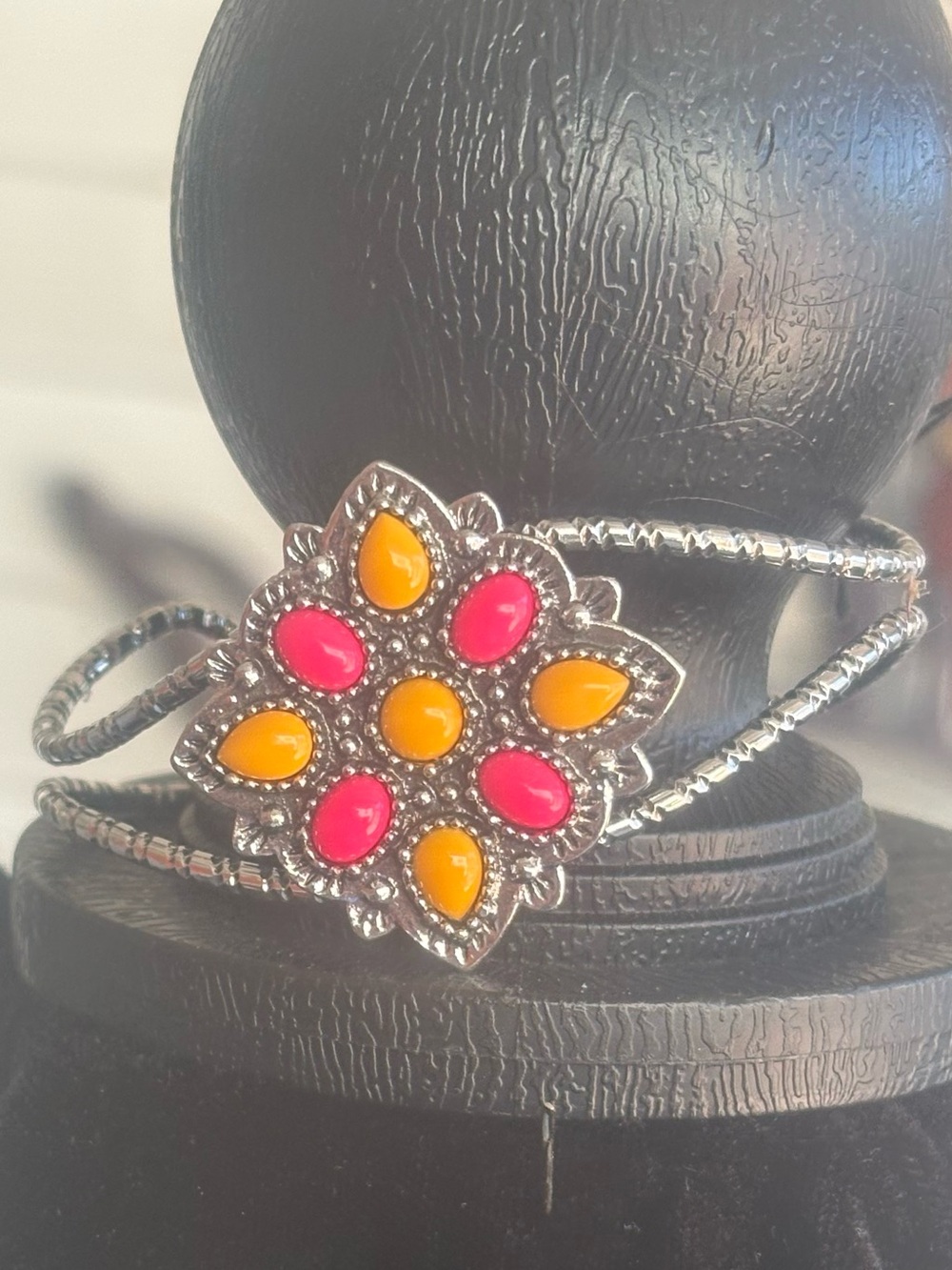 Silver Floral Cuff Bracelet with Pink and Yellow orange Cabochons